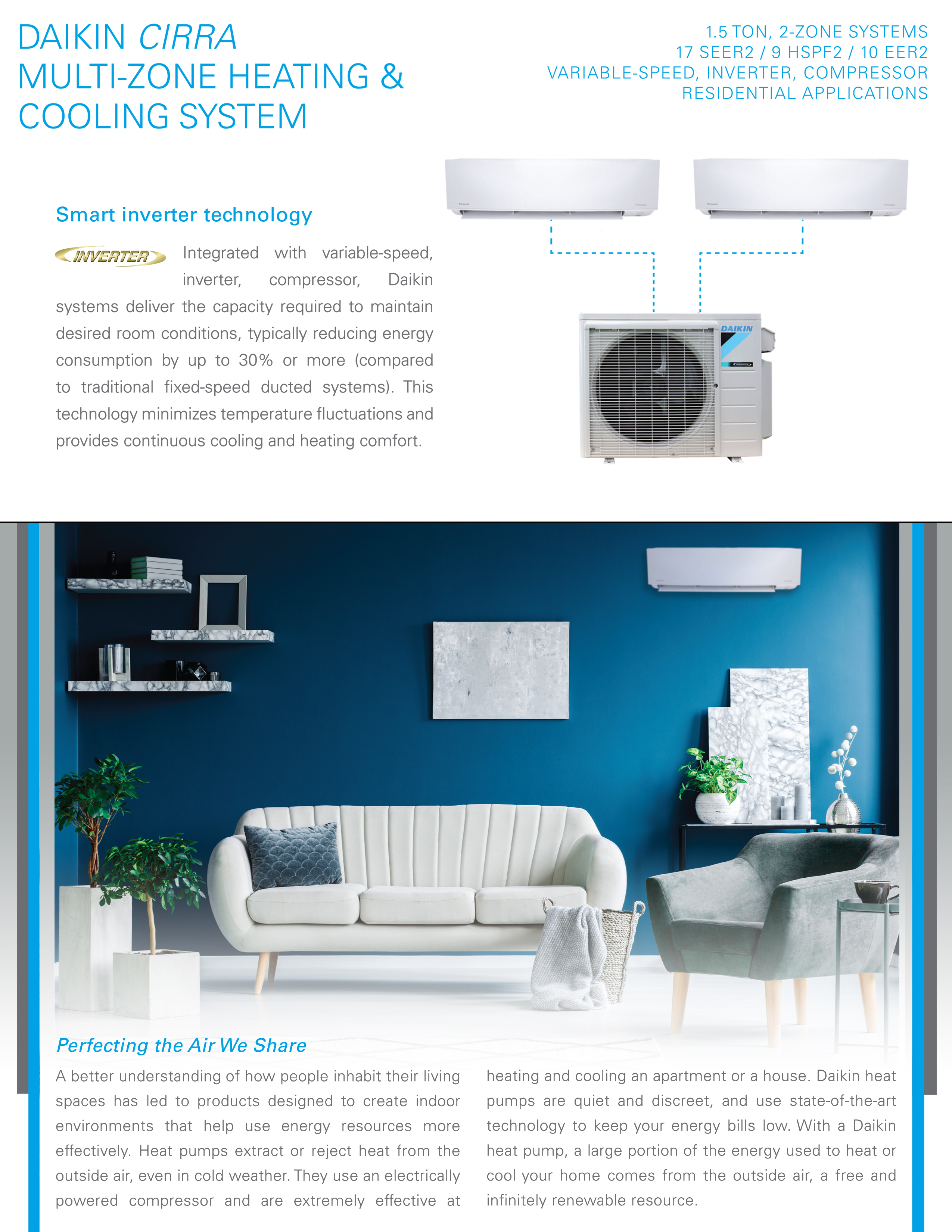 Mini Split Multi 2 Zone Daikin Cirra 17 SEER2 Heat Pump System, 2MX18AXVJU x 2 Wall Mount
